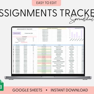 May include: A laptop screen displaying an assignments tracker spreadsheet with columns for due date, time, days left, status, class, and type. The interface includes a summary section, upcoming assignments list, and a bar chart for assignments by class.