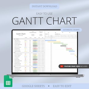 Op de afbeelding: Een laptop toont een Gantt-diagramsjabloon. Het scherm toont een projecttijdlijn met taken, datums en voortgangsbalken. Bovenin staat "Direct downloaden" en "Eenvoudig te gebruiken". Onderaan staat "Google Sheets" en "Eenvoudig te bewerken".