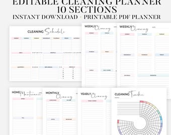 Puede incluir: Una colección de planificadores de limpieza en PDF imprimibles con acentos de color pastel. El planificador incluye secciones para horarios de limpieza semanales, mensuales y anuales, un rastreador de limpieza y mantenimiento del hogar. El texto dice "EDITABLE CLEANING PLANNER 10 SECTIONS".