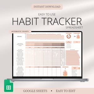 Puede incluir: Un ordenador portátil muestra una hoja de cálculo de seguimiento de hábitos. La pantalla muestra un diseño de calendario con secciones de seguimiento de hábitos. El texto en la pantalla incluye "Descarga instantánea", "Fácil de usar" y "Hoja de cálculo de seguimiento de hábitos".