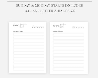 Lista de tareas mínima imprimible, páginas de productividad, plantilla de lista de tareas diarias sencillas, tamaño A4/A5/carta/media carta (EE. UU.), PDF imprimible y archivable.