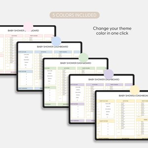 May include: Five digital baby shower dashboards on black tablets, each with a different pastel colour scheme. The text "BABY SHOWER DASHBOARD" is visible. The image also includes the text "5 COLORS INCLUDED" and "Change your theme colour in one click."
