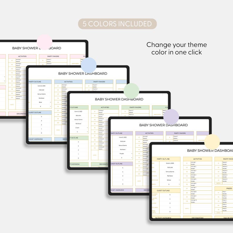 May include: Five digital baby shower dashboards on black tablets, each with a different pastel colour scheme. The text "BABY SHOWER DASHBOARD" is visible. The image also includes the text "5 COLORS INCLUDED" and "Change your theme colour in one click."