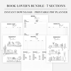 May include: A printable PDF planner bundle for book lovers. The monochrome design includes sections for tracking books read, book reviews, and a bookshelf tracker. The text includes "Book Lover's Bundle" and "Instant Download".