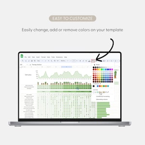 May include: A laptop screen displays a spreadsheet with a green and white color scheme, featuring a graph and a calendar-like grid. The text "EASY TO CUSTOMIZE" and "Easily change, add or remove colors on your template" are visible. A color palette is open.