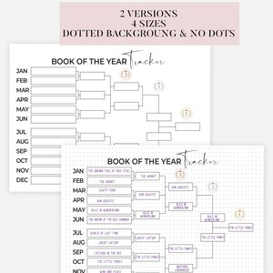May include: Two white printable "Book of the Year Tracker" charts. One has a dotted background, the other is plain. The charts include a bracket-style layout with book titles and the text "2 VERSIONS 4 SIZES DOTTED BACKGROUNG & NO DOTS".