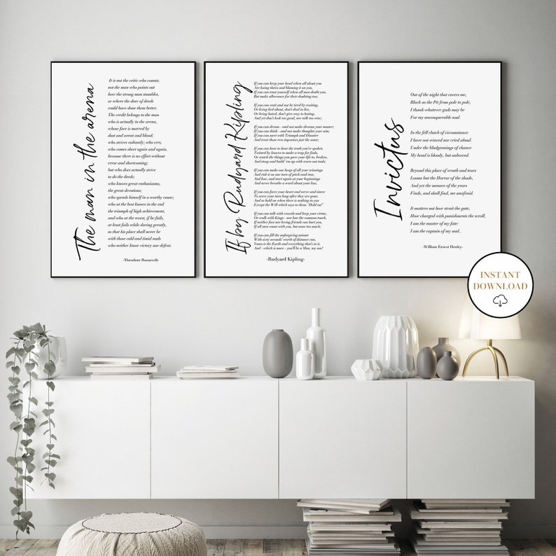 If Poem Invictus Poem and Man in the Arena, Set Of 3 Printable Inspirational Poems, Literature Prints, Home Office Decor, Student Wall Art image 2