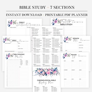 May include: A collection of printable PDF planners for Bible study, featuring floral accents and various sections. The designs include "Daily Devotional," "SOAP Bible Study," "Bible Summary," "Bible Reading Minutes," "Sermon Notes," "Prayer," and a "Chronological Bible Reading Plan."