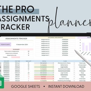 Könnte beinhalten: Ein digitales Tablet, das den Planer The Pro Assignments Tracker in Google Sheets anzeigt. Der Bildschirm zeigt eine Tabelle mit Spalten für Fälligkeitsdatum, Uhrzeit, verbleibende Tage, Status, Klasse und Typ sowie eine Zusammenfassung und Aufgabenliste.