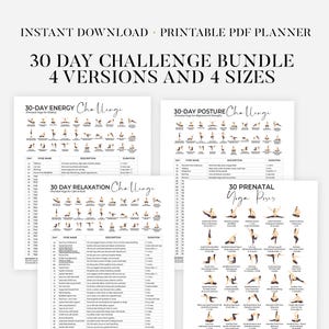 以下が含まれることがあります： エネルギー、姿勢、リラックス、産前ヨガなど、さまざまなチャレンジのためのヨガのポーズが特徴の、印刷可能なPDFプランナー。「30 DAY CHALLENGE BUNDLE」と「4 VERSIONS AND 4 SIZES」の文字。 「INSTANT DOWNLOAD」の文字も表示されています。