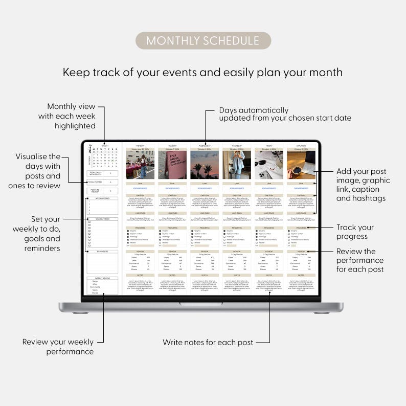 May include: A laptop computer screen displaying a monthly schedule template. The template is designed to help users track their social media posts, plan content, and analyze performance. The screen shows a calendar view with each day highlighted, a section for writing notes, and a section for adding post details, such as images, links, and captions.