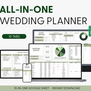 May include: A digital wedding planner displayed on a laptop, tablet, and smartphone screen. The interface features tabs for guest tracking, wedding budget, and checklists with green and white color schemes. Text includes ALL-IN-ONE WEDDING PLANNER.