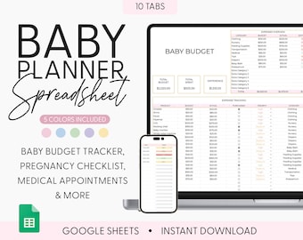 Può includere: Un prodotto digitale per Google Sheets, un foglio di calcolo per la pianificazione del bambino con 10 schede, tra cui un tracker di budget per bambini, una lista di controllo della gravidanza, appuntamenti medici e altro ancora. Il foglio di calcolo ha uno schema di colori rosa, blu, verde e giallo. Il testo sull'immagine dice "Baby Planner Spreadsheet, 5 Colors Included, Baby Budget Tracker, Pregnancy Checklist, Medical Appointments & More, Google Sheets, Instant Download".