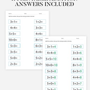 Puede incluir: Dos hojas de trabajo de suma imprimibles con problemas de matemáticas y respuestas. Las hojas de trabajo tienen un borde azul claro e incluyen el texto "11 PRINTABLE ADDITION ANSWERS INCLUDED". Las respuestas están escritas en verde.
