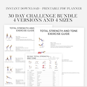 Reto de entrenamiento de cuerpo completo de 30 días (imprimible) / Plan de entrenamiento de cuerpo completo / Fortalece piernas, brazos y abdomen / Planificador de fitness en casa (descarga instantánea)