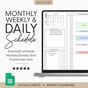 May include: A digital planner displayed on a laptop screen featuring a monthly calendar for October 2024, weekly goals, a to-do list, and an hourly schedule. Text includes "MONTHLY WEEKLY & DAILY Schedule", "EASY TO USE", and "GOOGLE SHEETS".