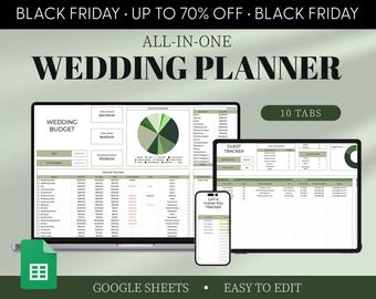 May include: A computer screen displaying a Google Sheets spreadsheet with the title "Wedding Planner" and the text "All-in-One" and "10 Tabs". The spreadsheet has tabs for "Wedding Budget", "Guest Tracker", and "Gift & Thank You Tracker". The spreadsheet is designed to help people plan their wedding.
