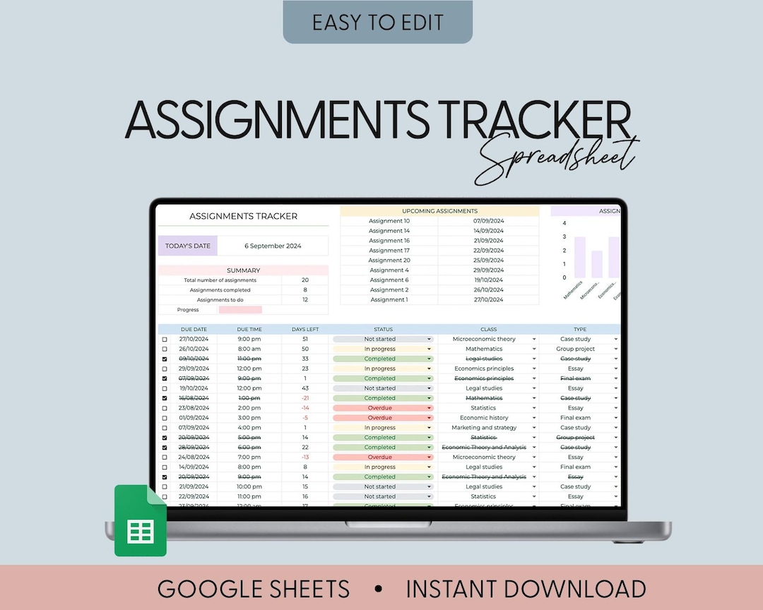 Student Planner & Assignment Tracker Google Sheets Excel College ...