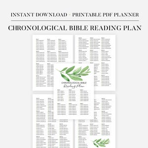 May include: Printable PDF planner with the text "Instant Download" and "Chronological Bible Reading Plan." The design includes a green leaf illustration. The planner is designed to help with Bible reading.