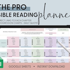 May include: A digital planner for reading the Bible for 365 days. The planner includes a daily quote, a reading plan, and a progress chart. The planner is available for instant download on Google Sheets. The planner is designed with a pink, blue, and green color scheme.