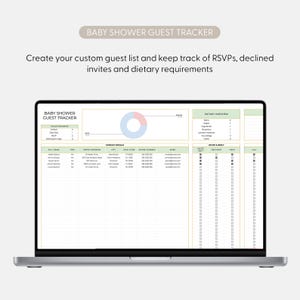 May include: A laptop screen showing a baby shower guest tracker. The spreadsheet includes sections for guest details, dietary requirements, and RSVP tracking. The text "BABY SHOWER GUEST TRACKER" is visible at the top of the screen.