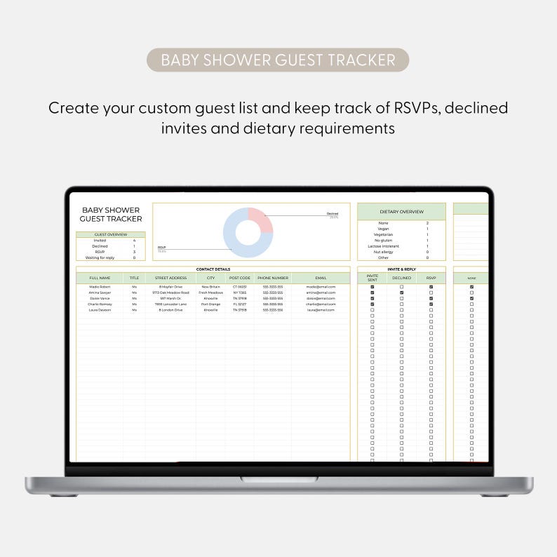 May include: A laptop screen showing a baby shower guest tracker. The spreadsheet includes sections for guest details, dietary requirements, and RSVP tracking. The text "BABY SHOWER GUEST TRACKER" is visible at the top of the screen.