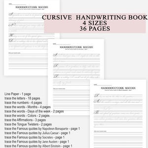 Op de afbeelding: Een cursief handschriftboek met 36 pagina's in 4 formaten. De witte pagina's bevatten zwarte tekst, waaronder de titel HANDWRITING GUIDE, met lijnen voor het overtrekken van letters, cijfers, woorden en beroemde citaten van historische figuren.