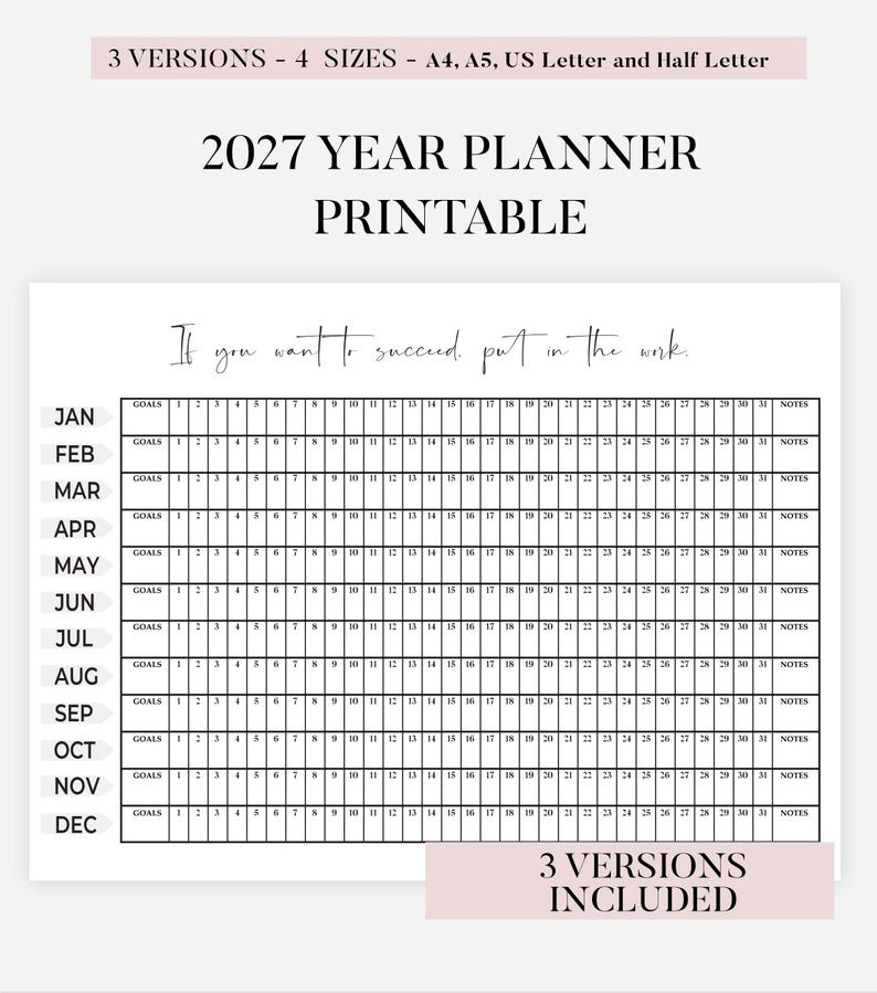 2027 Year at a Glance Calendar Printable, All 12 Months on One Page ...