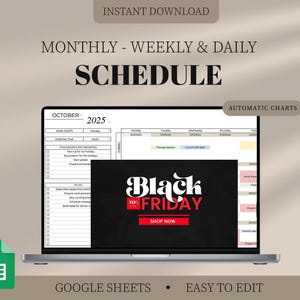 BLACK FRIDAY Digital Planner Spreadsheet for Google Sheets, To Do List Monthly Calendar Daily Schedule Daily Routine Task Tracker To-do Work