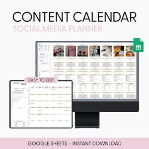 May include: A digital content calendar template for social media planning. The template is displayed on a computer screen and a tablet. The template is designed to be easy to edit and includes a calendar, space for content ideas, and a section for tracking results. The template is available for instant download and can be used with Google Sheets.