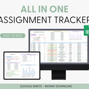 Może przedstawiać: Cyfrowy obraz ekranu komputera wyświetlający arkusz kalkulacyjny Google zatytułowany "Assignments Tracker". Arkusz jest podzielony na kolumny z nagłówkami, takimi jak "Subject", "Due Date", "Class", "Grade" i "Assignment". Arkusz zawiera również wykres słupkowy pokazujący liczbę zadań należnych każdego tygodnia. Tekst "EASY TO EDIT" pojawia się w białym prostokącie na zielonym tle. Tekst "GOOGLE SHEETS - INSTANT DOWNLOAD" pojawia się u dołu obrazu.