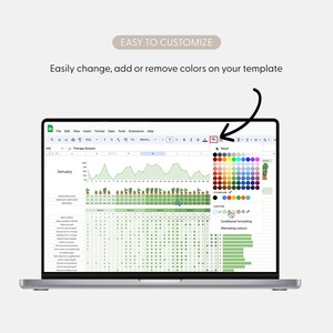May include: A laptop screen displaying a spreadsheet with a green and white color scheme. The text "EASY TO CUSTOMIZE" and "Easily change, add or remove colors on your template" are visible. A color palette is open, showing various color options.