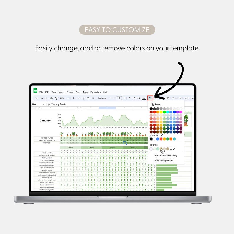 May include: A laptop screen displaying a spreadsheet with a green and white color scheme. The text "EASY TO CUSTOMIZE" and "Easily change, add or remove colors on your template" are visible. A color palette is open, showing various color options.