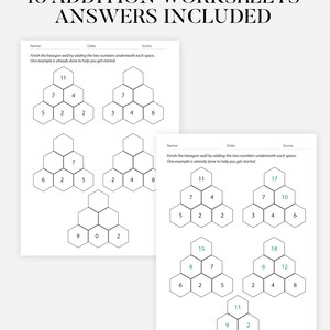 May include: Two worksheets with addition problems. The worksheets have a hexagon wall design with numbers to add. The text at the top says "10 Addition Worksheets Answers Included". The worksheets are on a white background.
