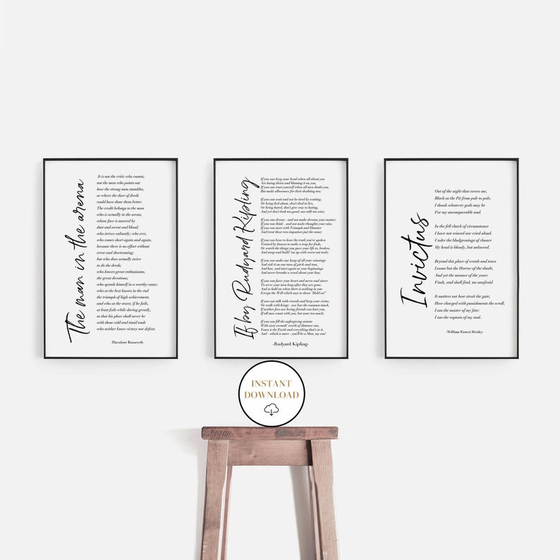 If Poem Invictus Poem and Man in the Arena, Set Of 3 Printable Inspirational Poems, Literature Prints, Home Office Decor, Student Wall Art image 1