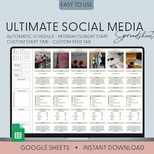 May include: A laptop computer screen displaying a Google Sheets spreadsheet with the title "Ultimate Social Media Spreadsheet". The spreadsheet is designed to help users schedule social media posts. The spreadsheet includes columns for date, time, platform, post type, caption, hashtags, and more.
