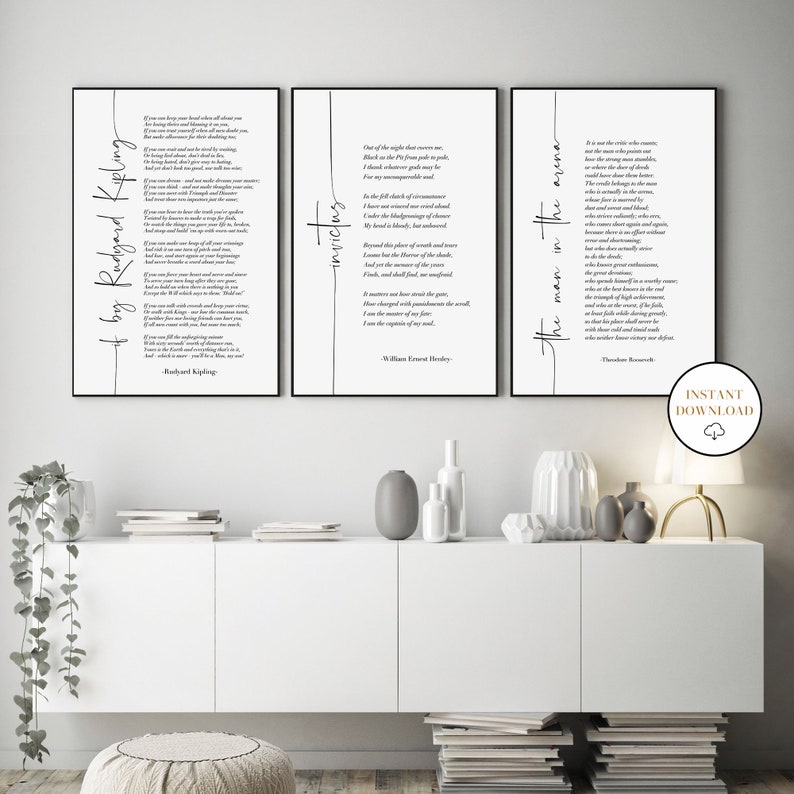 If Poem Invictus Poem and Man in the Arena, Set Of 3 Printable Inspirational Poems, Literature Prints, Home Office Decor, Student Wall Art image 2