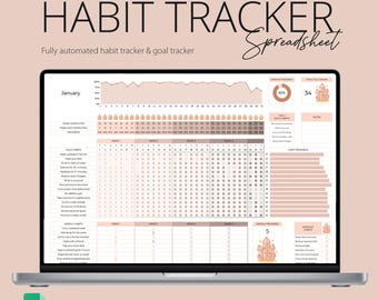 Könnte beinhalten: Ein Laptop-Bildschirm zeigt eine digitale Gewohnheits-Tracker-Tabelle in Beige- und Rosatönen. Die Tabelle ist für die Verfolgung täglicher und wöchentlicher Gewohnheiten konzipiert. Der Text enthält "Habit Tracker Spreadsheet", "Easy to Use" und "Instant Download."