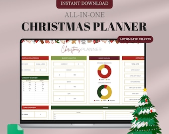Può includere: Un pianificatore di Natale digitale visualizzato sullo schermo di un laptop. Il pianificatore include sezioni per l'analisi del budget, la panoramica dei regali e un conto alla rovescia di Natale. Il testo sullo schermo recita "Christmas Planner".