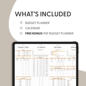 May include: A digital budget planner with a calendar and a free PDF budget planner. The planner includes sections for income, expenses, and savings. The image shows the month of October 2024.