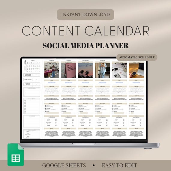Social Media Content Calendar, Social Media Monthly Content Planner, Google Sheet Spreadsheets, Instagram, Youtube, TikTok, Facebook Tracker