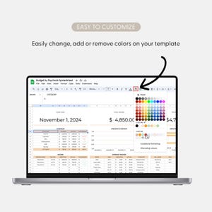 May include: A laptop screen displaying a spreadsheet with a budget by paycheck. The spreadsheet is titled "Budget by Paycheck Spreadsheet". The spreadsheet has a color palette with a variety of colors to choose from. The spreadsheet is dated November 1, 2024.