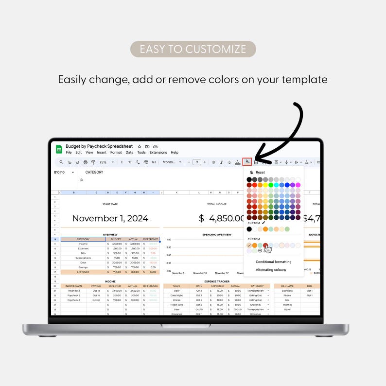 May include: A laptop screen displaying a spreadsheet with a budget by paycheck. The spreadsheet is titled "Budget by Paycheck Spreadsheet". The spreadsheet has a color palette with a variety of colors to choose from. The spreadsheet is dated November 1, 2024.