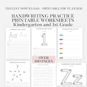 Puede incluir: Hojas de trabajo imprimibles para practicar la escritura a mano para jardín de infancia y 1er grado. La imagen muestra varias páginas con guías de escritura, incluyendo el trazado de letras, números y formas. El texto "OVER 100 PAGES" también es visible.