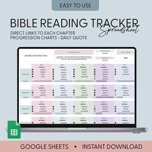 Puede incluir: Una pantalla de computadora portátil que muestra una hoja de cálculo de Google Sheets con un plan de lectura de la Biblia de 365 días. La hoja de cálculo tiene un esquema de color rosa claro y gris e incluye lecturas diarias, enlaces a capítulos y una cita diaria. El texto "365 Bible Reading Plan" está en la parte superior de la hoja de cálculo. El texto "Google Sheets" y "Descarga instantánea" está en la parte inferior de la imagen.