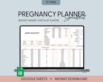 Può includere: Uno schermo di laptop che mostra un foglio di calcolo di Google Sheets intitolato "Pregnancy Planner Spreadsheet". Il foglio di calcolo ha 10 schede, tra cui una scheda "Baby Budget" con colonne per prodotto, budget, effettivo e differenza. Il foglio di calcolo è progettato per aiutare le persone a pianificare i costi associati all'avere un bambino.