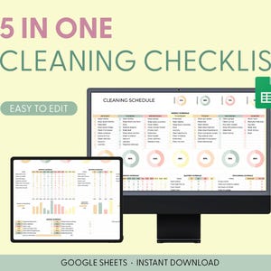 May include: A digital cleaning checklist displayed on a computer monitor and tablet. The text "5 IN ONE CLEANING CHECKLIST" is at the top, with "EASY TO EDIT" below. The bottom reads "GOOGLE SHEETS • INSTANT DOWNLOAD".
