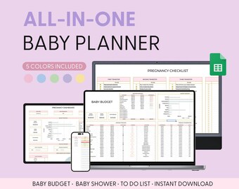 Può includere: Un planner digitale per futuri genitori, con un budget per il bambino, un elenco di controllo della gravidanza e una lista di cose da fare. Il planner è disponibile in cinque colori e include il testo "ALL-IN-ONE BABY PLANNER".