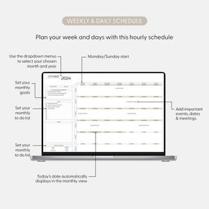 May include: A laptop computer displaying a digital planner with a monthly calendar view for October 2024. The planner includes sections for setting monthly goals, to-do lists, and adding important events, dates, and meetings. The planner also features a weekly and daily schedule view.