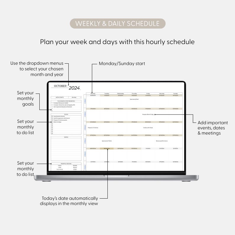 May include: A laptop computer displaying a digital planner with a monthly calendar view for October 2024. The planner includes sections for setting monthly goals, to-do lists, and adding important events, dates, and meetings. The planner also features a weekly and daily schedule view.